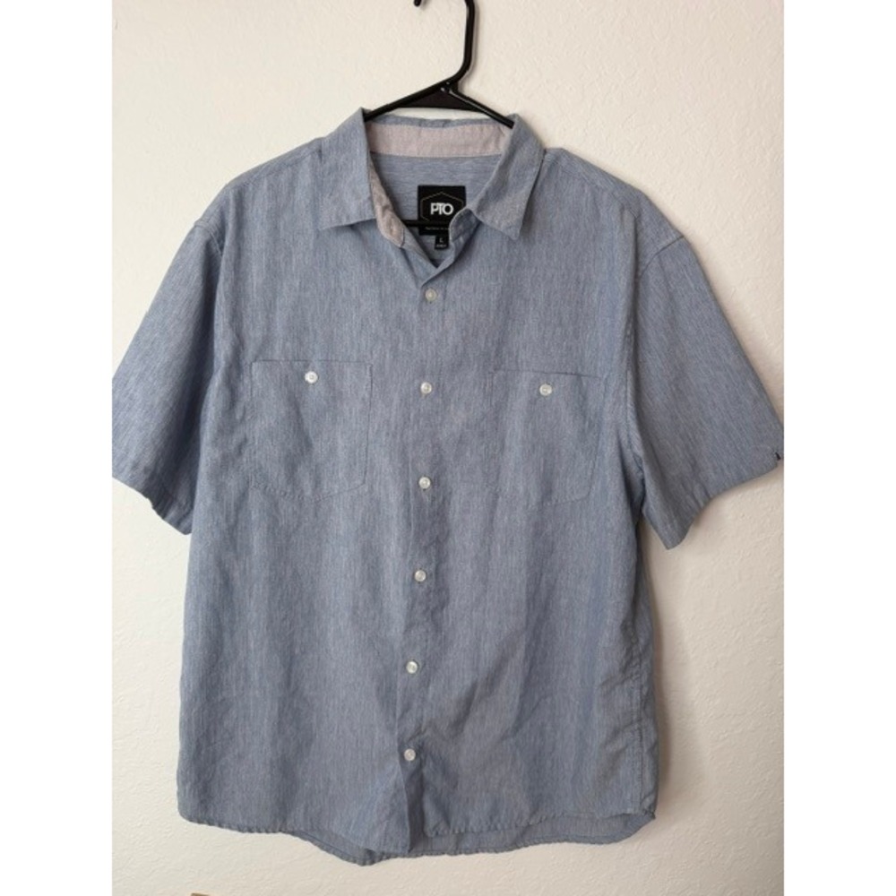 PTO Mens Short Sleeve Button Down Shirt Blue Heathered Dual Pocket Large